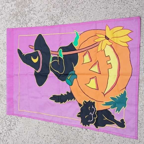 Vintage Halloween Witch Black Cat Jack O Lantern Pumpkin Flag 1997 - Picture 1 of 10